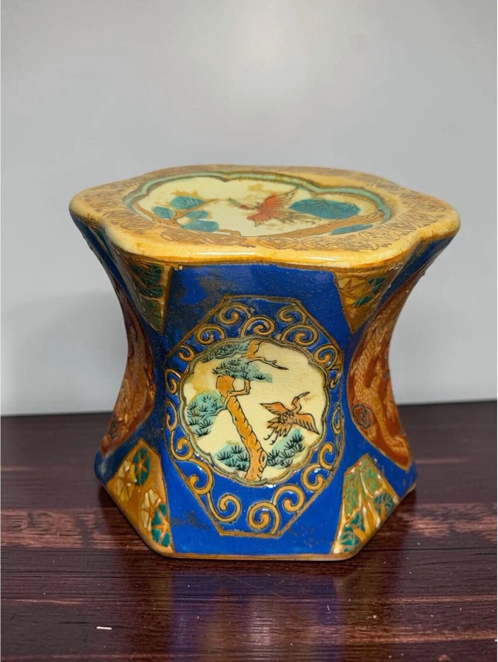 Vintage China Neiman Marcus Pillar Candle Holder Satsuma Style Dragon Crane 5”